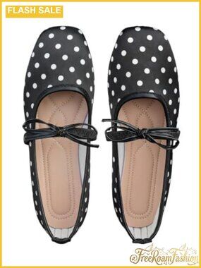 Polka Dot Ballet Flats Square Toe Bow Slip-On Dressy Casual Work Shoes